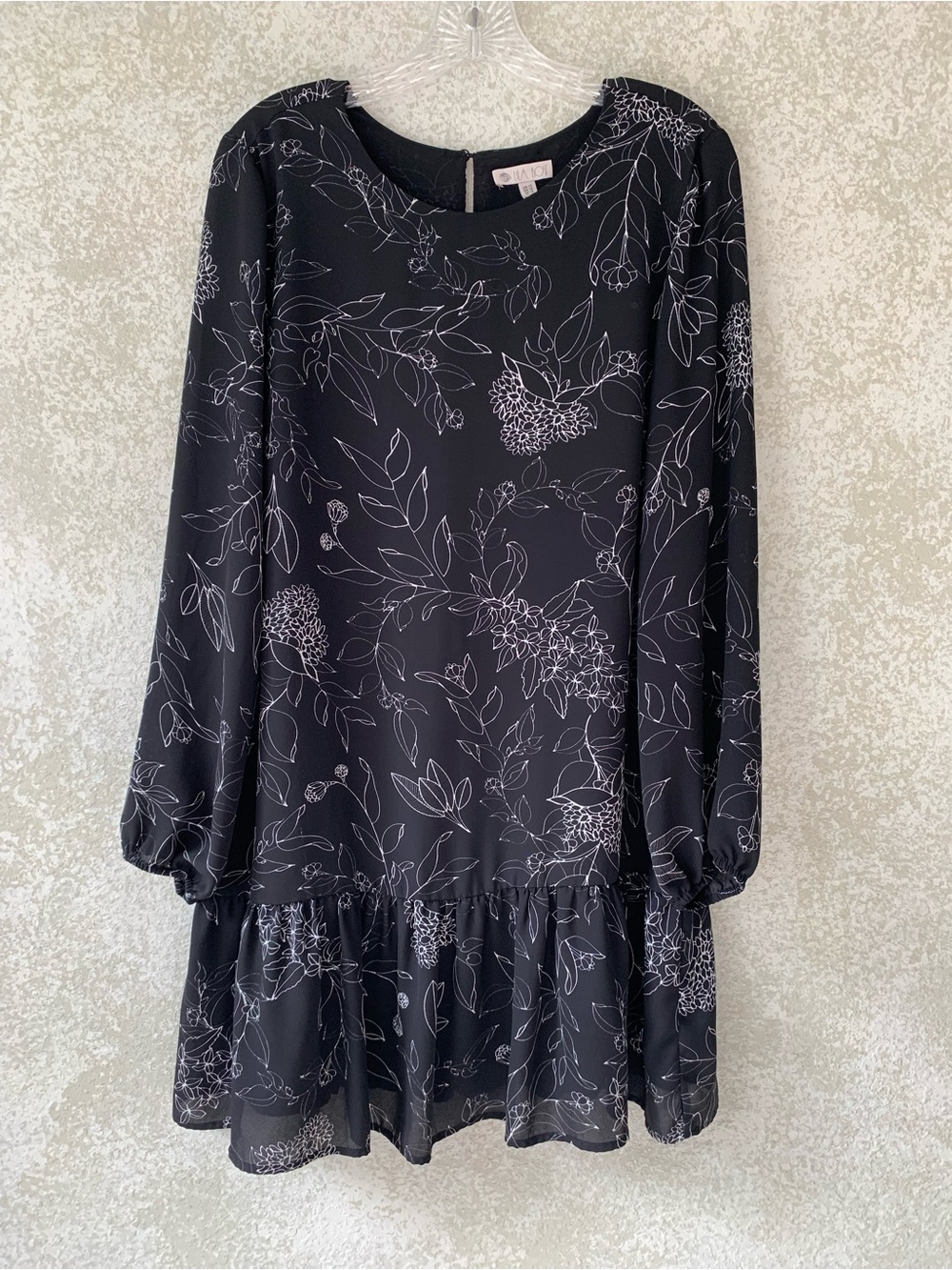 Lila Rose Black Floral Long-Sleeve Tiered Dress Size 12